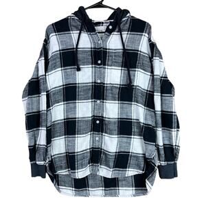 American Eagle Womens Flannel Shirt Black White Plaid Hooded Button Up Small
